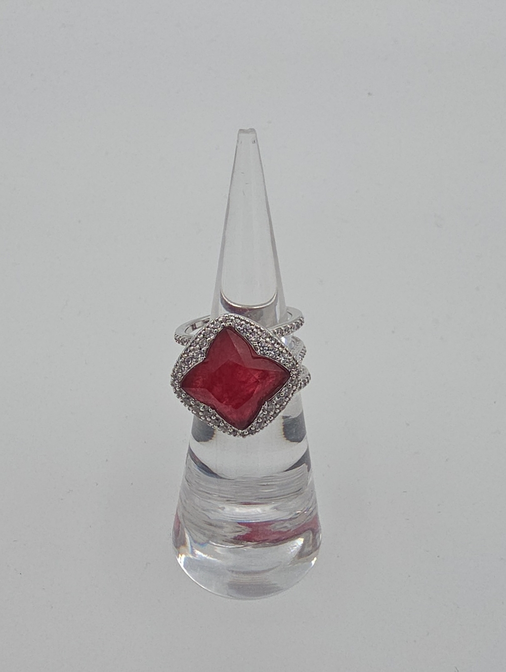 BP Silver Ring with Red Gemstone Halo